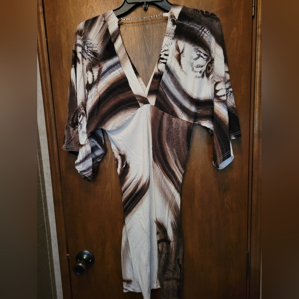 NWOT Mayo Chix Cream & Brown V Neck Dress,  Size 16